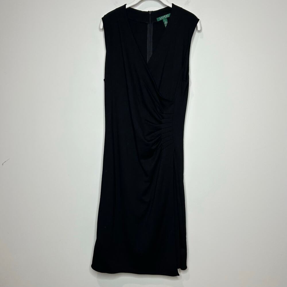 Lauren Ralph Lauren Black Faux Wrap Sleeveless Sheath Dress Size L Cocktail LBD